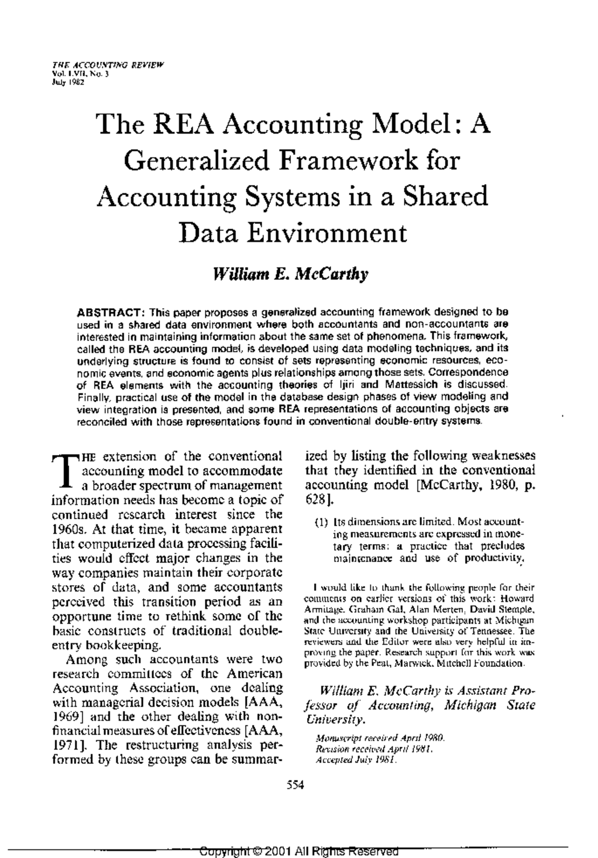 REA Accounting Model: A Generalized Framework for Shared Data Systems ...