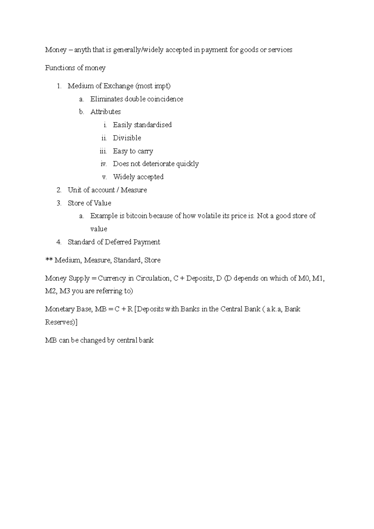 Monetary Policy Notes - Understanding Money Functions & Supply - Studocu