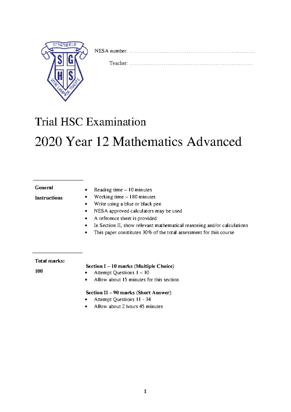 2023 Year 12 Mathematics Extension 1 Trial Exam Solutions - Studocu