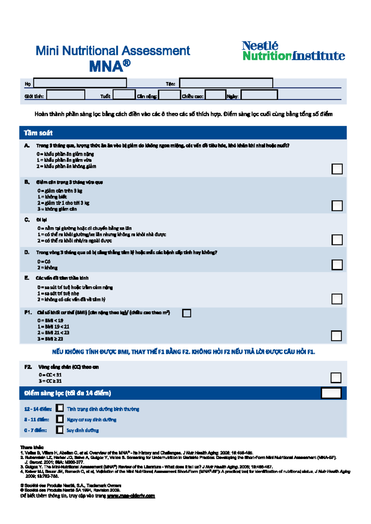 MNA Mini Nutritional Assessment - Vietnamese Version - Studocu
