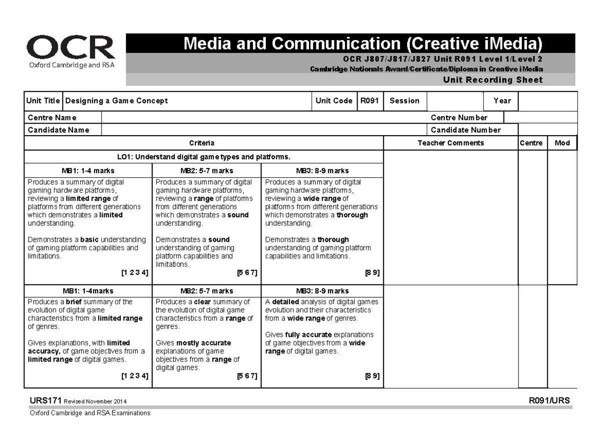R091/URS Game Concept Design Unit Recording Sheet - Summary & Criteria ...