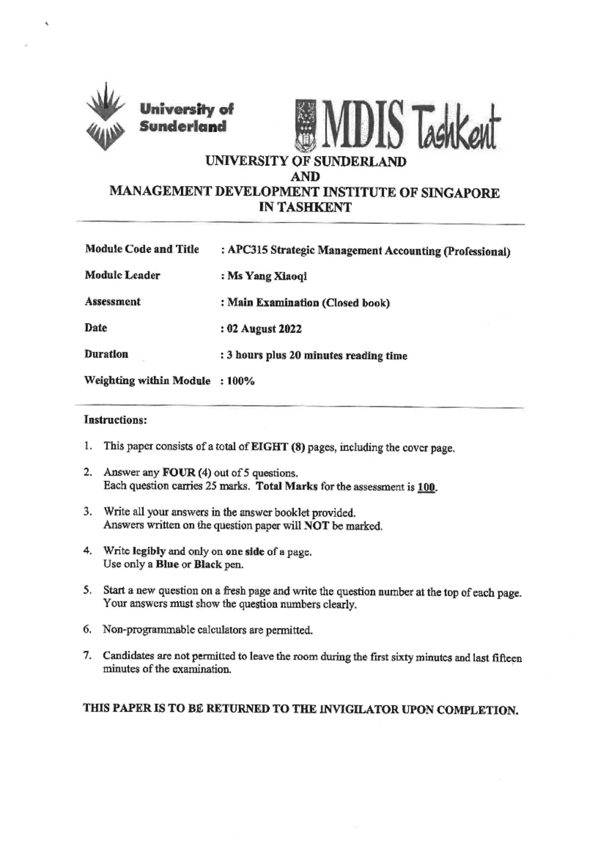 APC315 Strategic Management Accounting (SMA) 2022 Exam Paper - Studocu