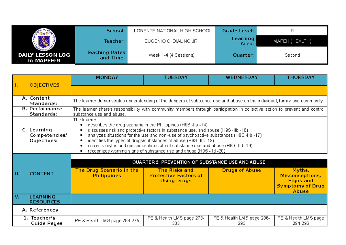 Q2 DLL Health 9 WEEK1 4 - DLL - DAILY LESSON LOG In MAPEH- School ...