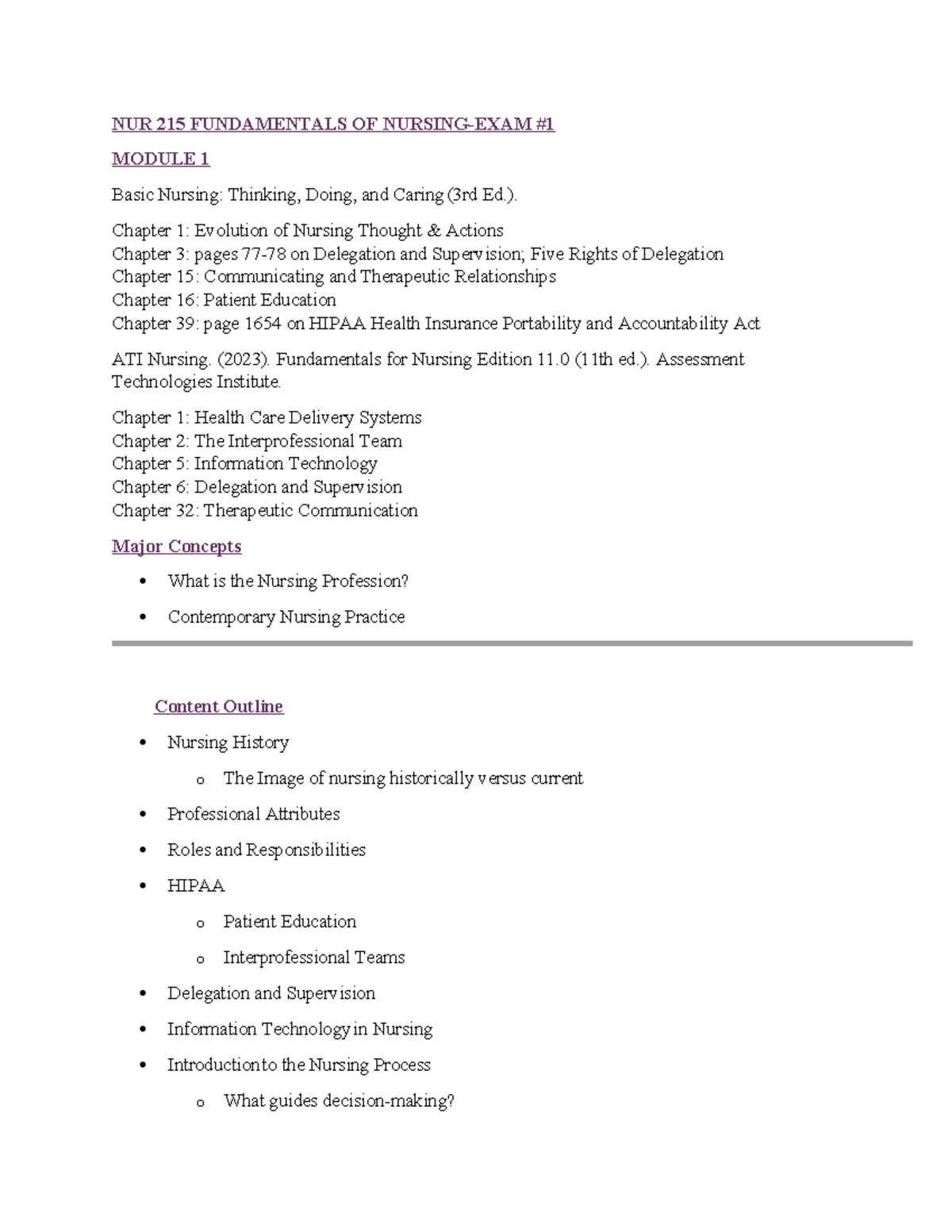 NUR 215 EXAM 1 Study Guide: Fundamentals of Nursing Concepts - Studocu