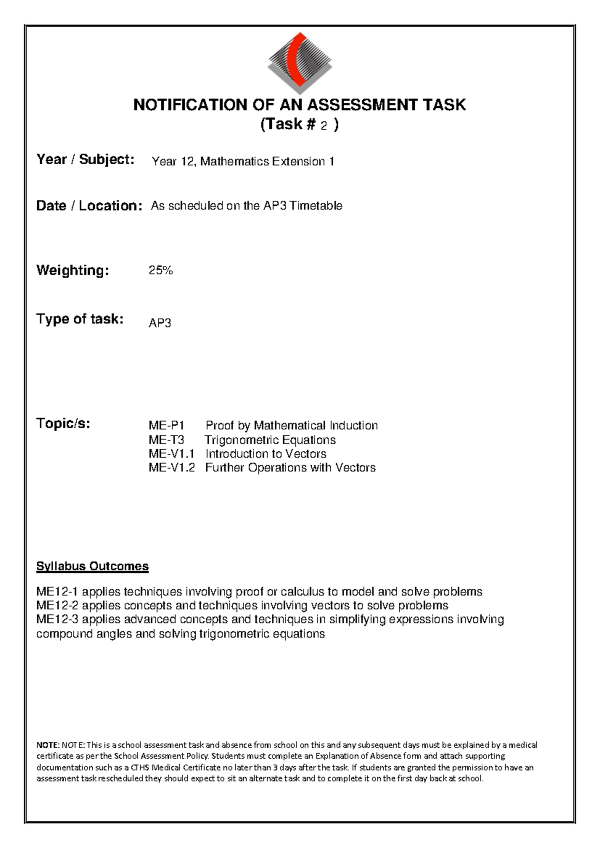 2026 AP3 Mathematics Extension 1 Assessment Task Notification - Studocu