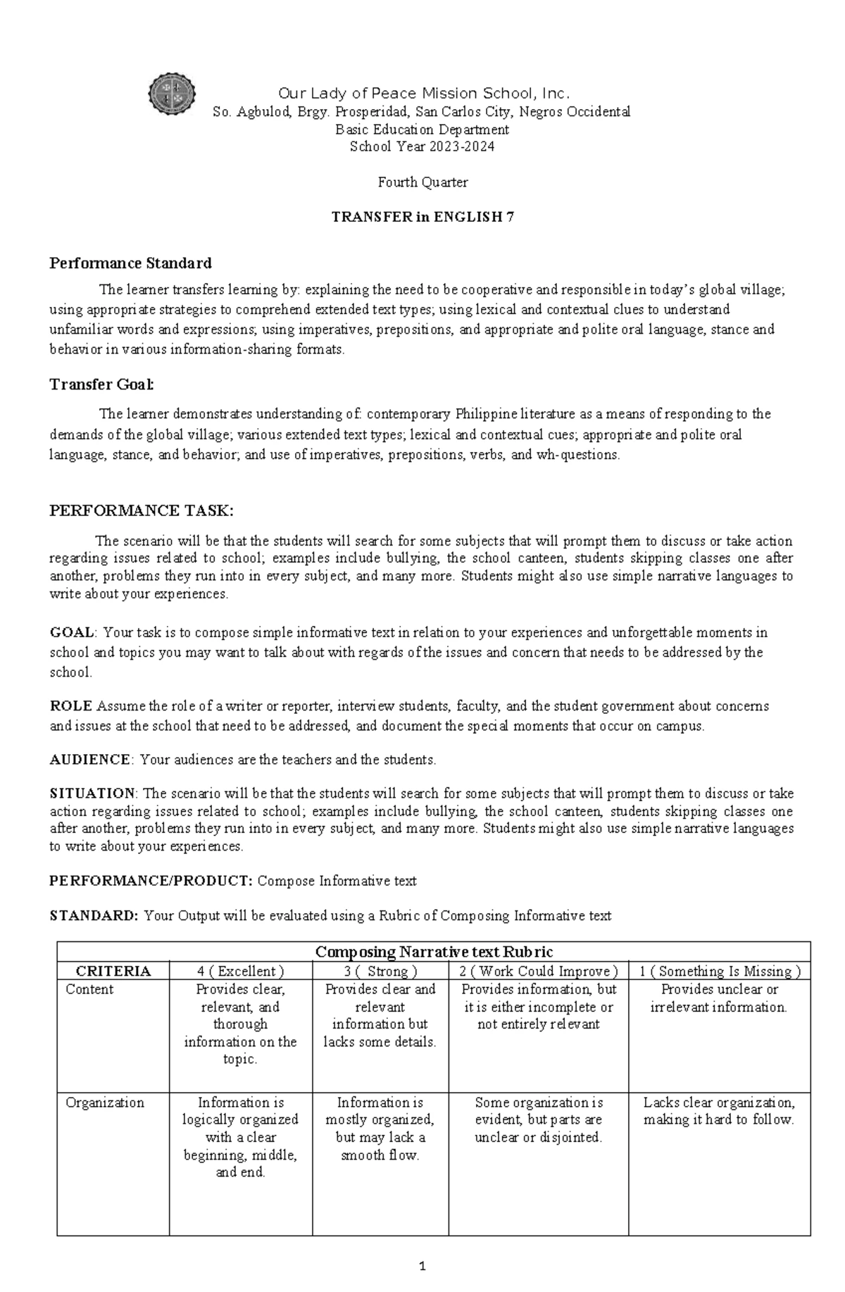 Unpacking Transfer Goals & Performance Tasks for English 7 (S.Y. 2024 ...