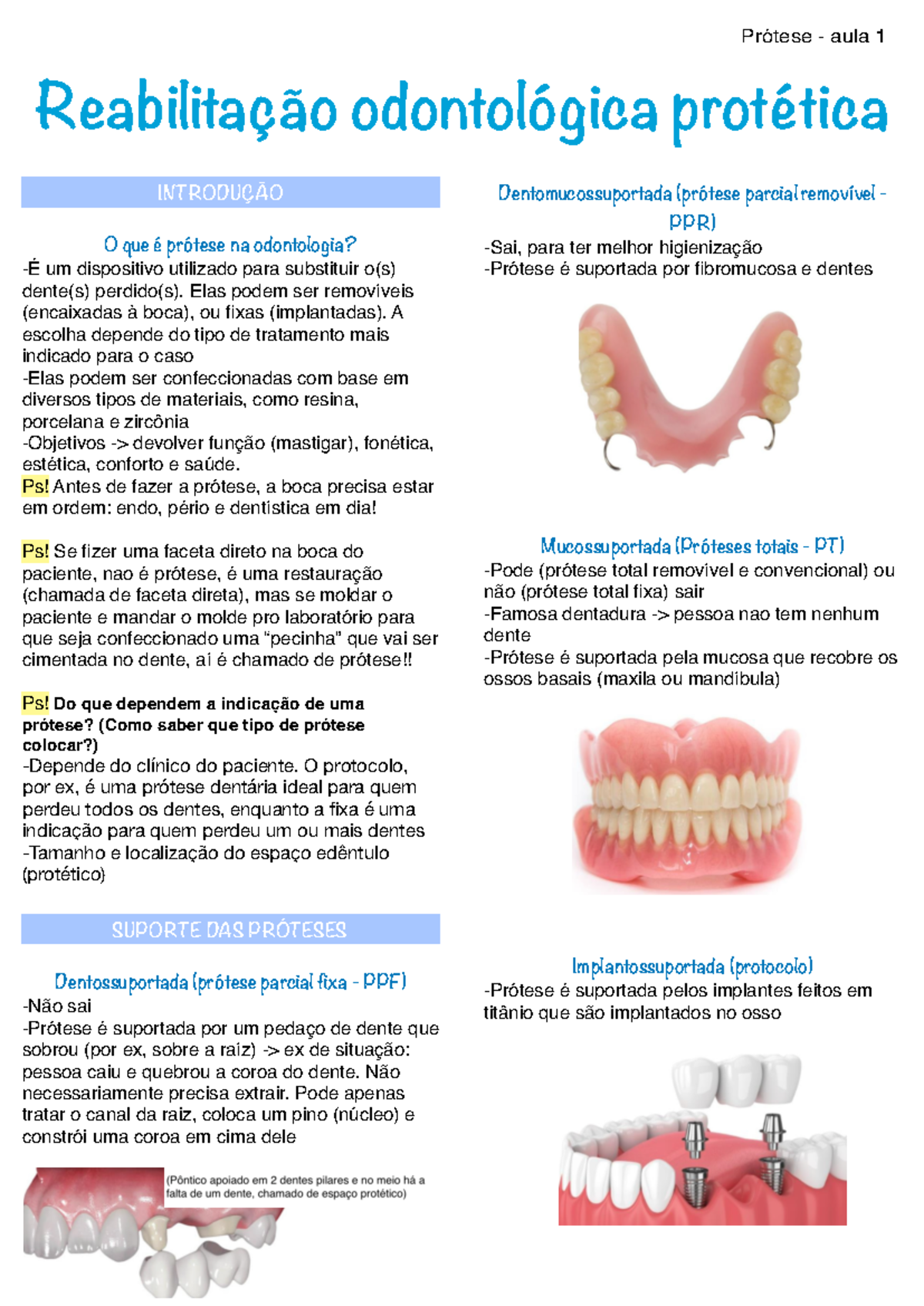 Prótese Aula 1 - introdução e protese total 2 - Reabilitação odontológica  protética INTRODUÇÃO O - Studocu