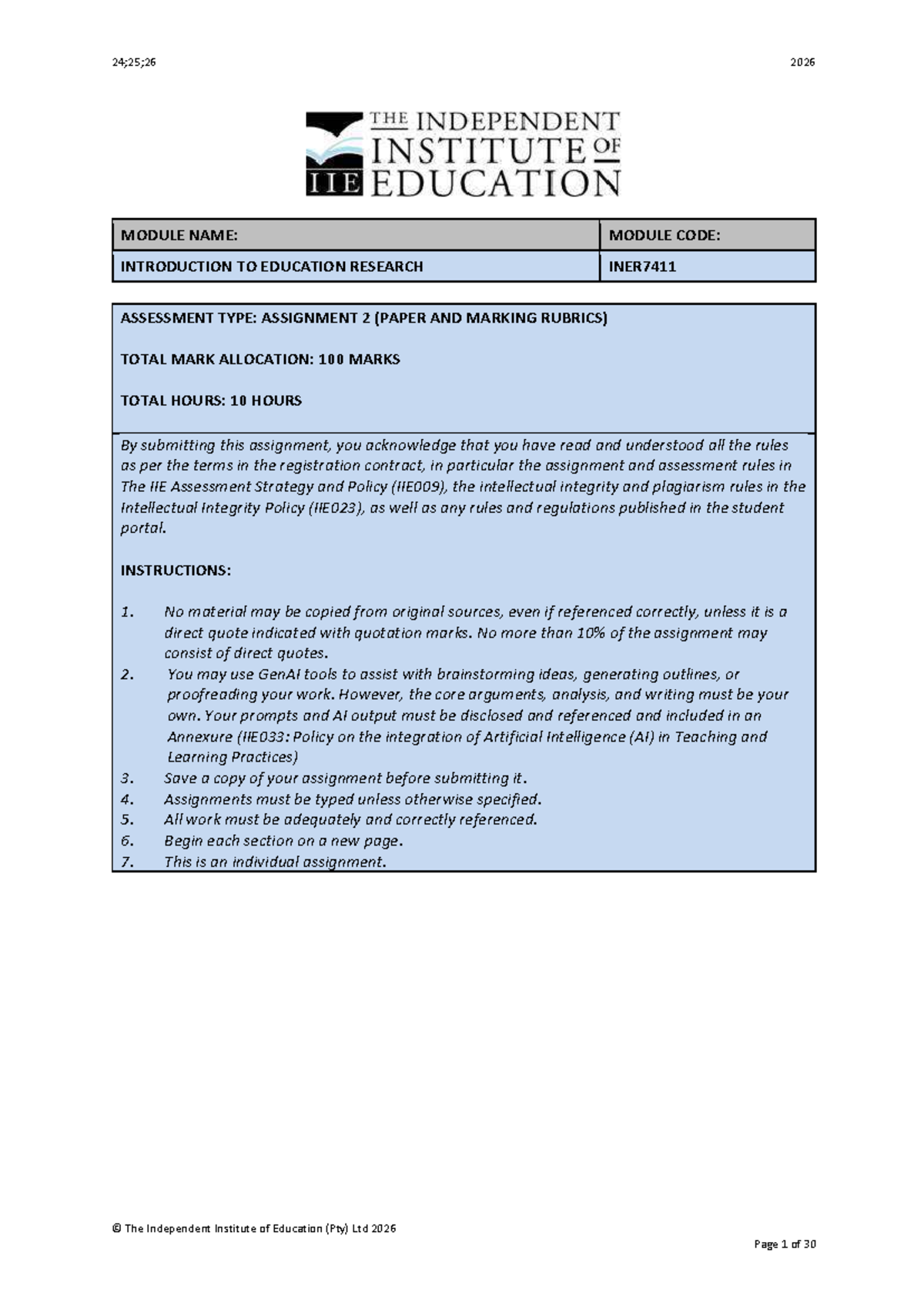INER7411 Assignment 2: Education Research Overview and Guidelines - Studocu