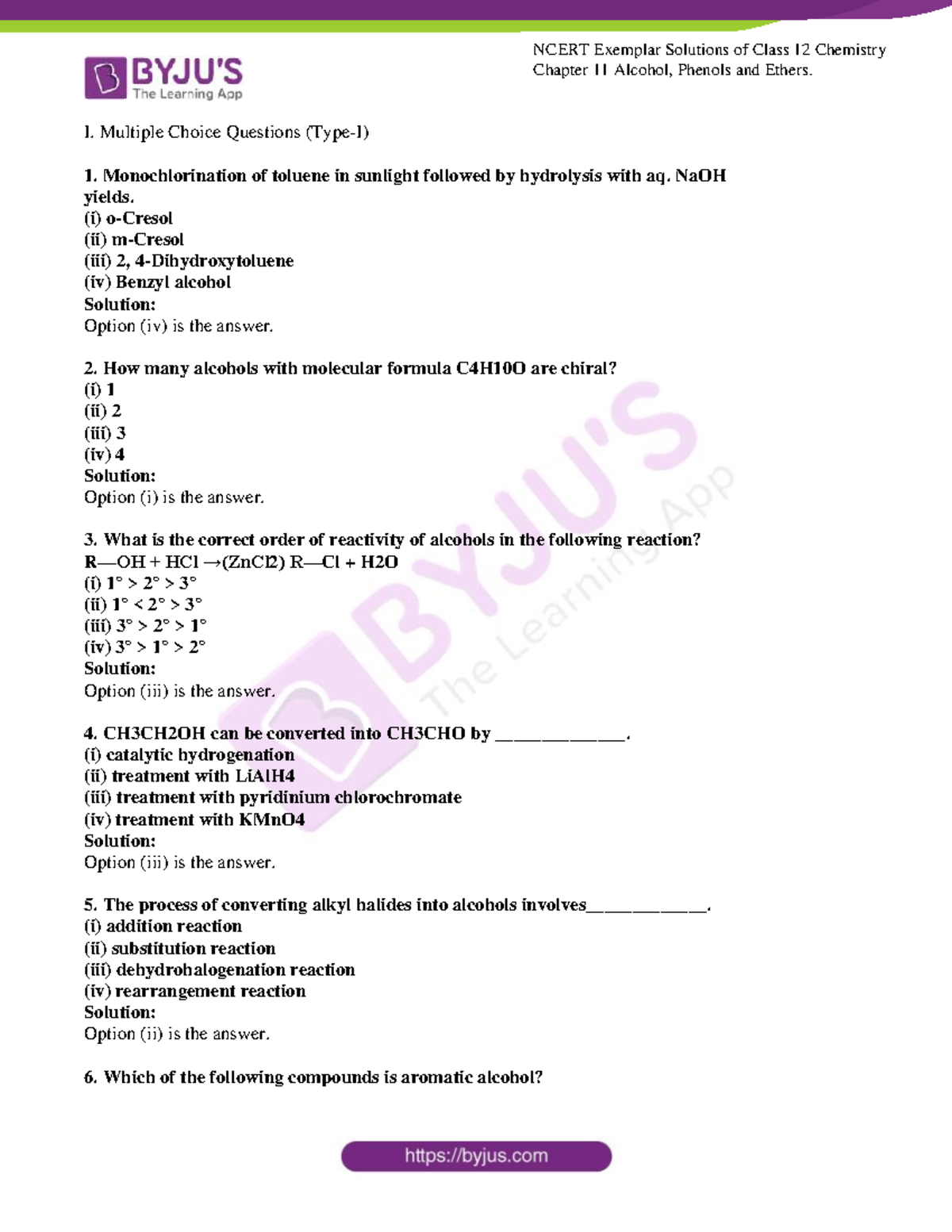NCERT Exemplar Solutions for Class 12 Chemistry: Chapter 11 - Alcohols ...