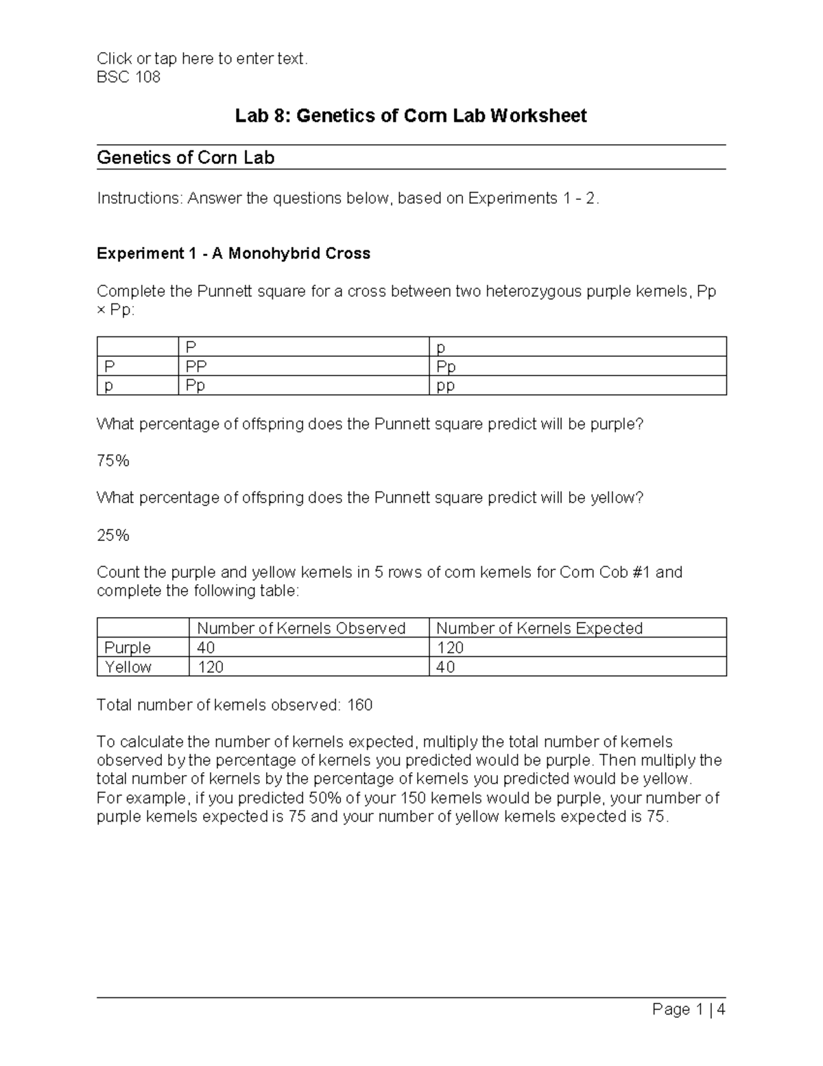 BSC 108 Lab 8: Genetics of Corn Worksheet and Analysis - Studocu