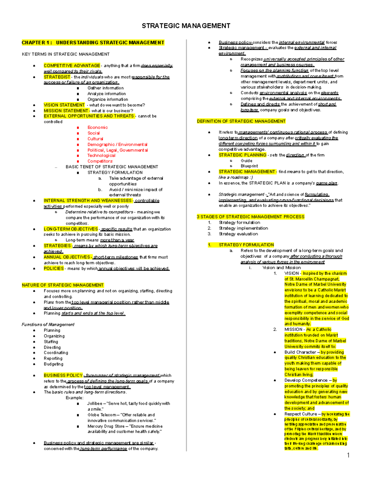 STRAMA 101: Chapter 1 - Key Concepts in Strategic Management - Studocu