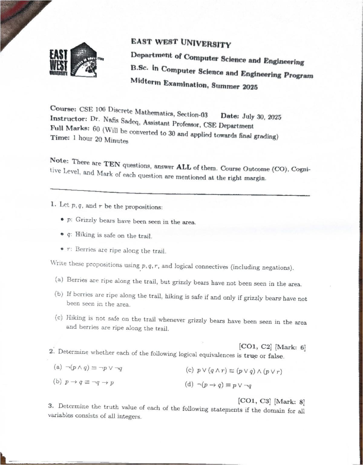 CSE 106 Midterm Exam Questions - Discrete Mathematics Summer 2025 - Studocu