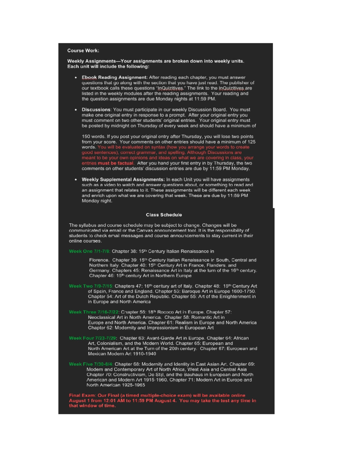 Art Assignments Syllabus and Weekly Breakdown for ARTS 101 - Studocu