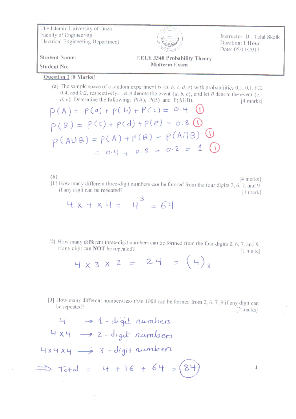 Probability Theory EELE 3340 Midterm Exam Solutions 2017 - Studocu