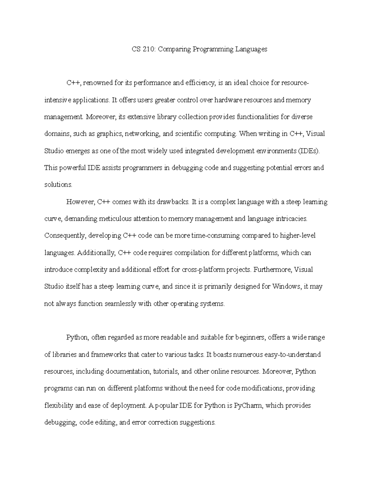 CS 210 Comparing Languages - CS 210: Comparing Programming Languages ...