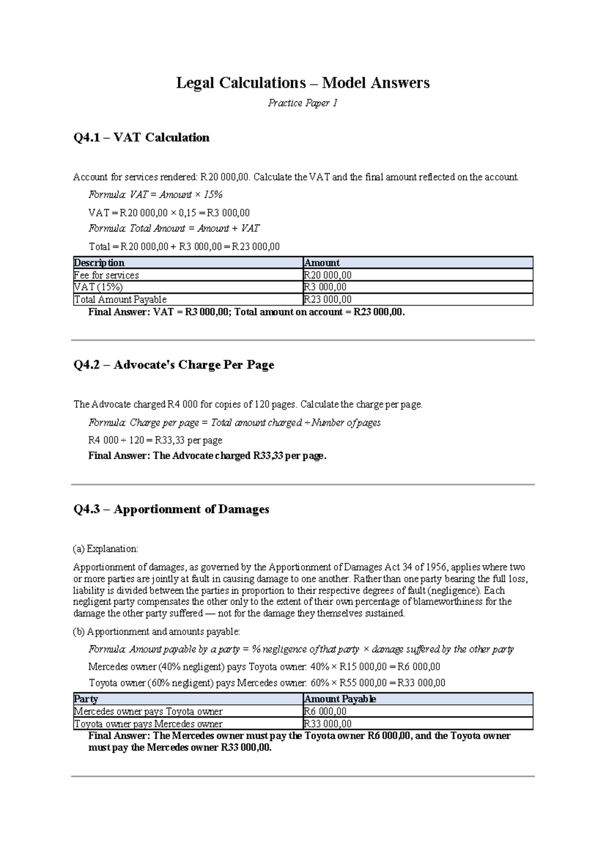 Legal Calculations Model Answers Practice Paper 1: VAT & Damages - Studocu