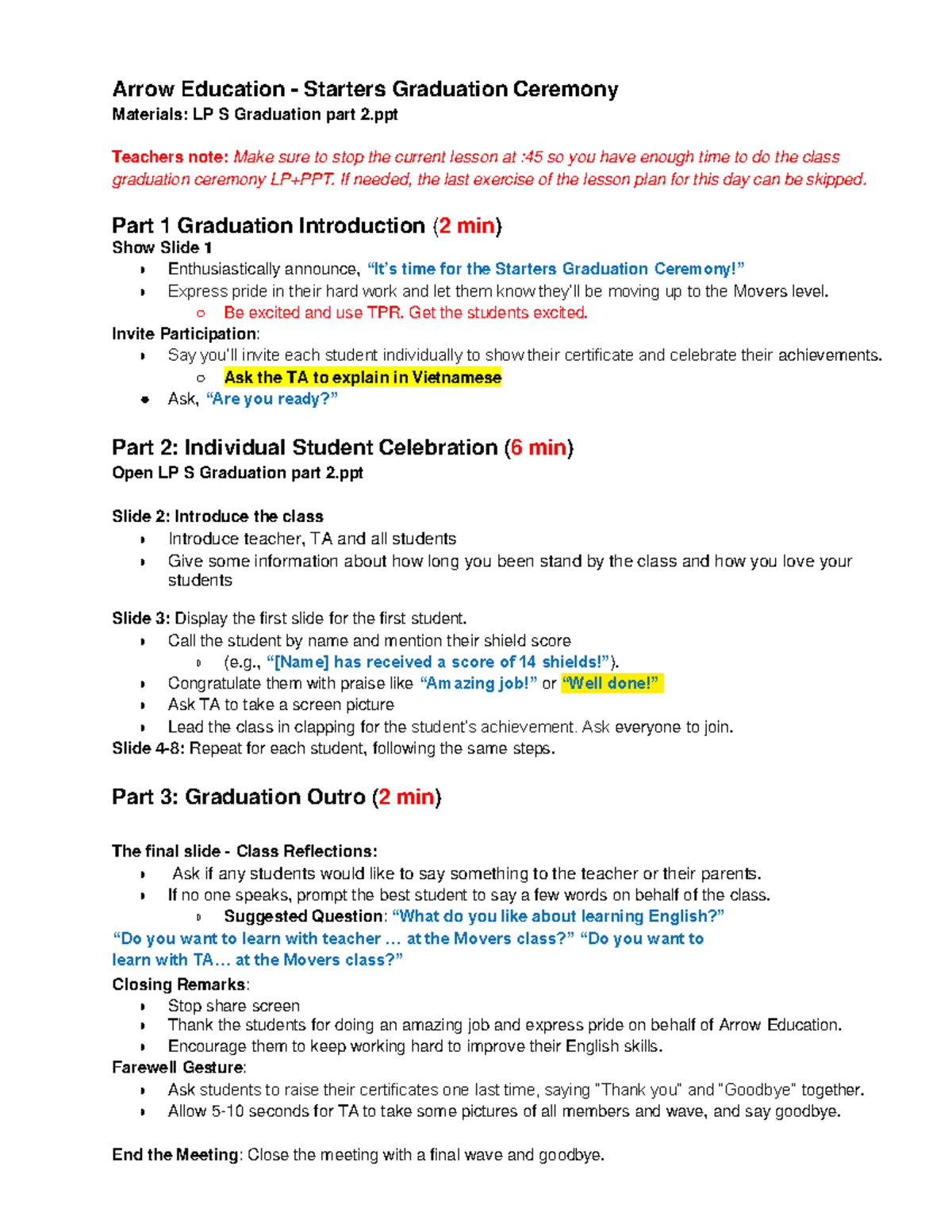 LP S Graduation Ceremony Materials: Part 2 Presentation Guide - Studocu