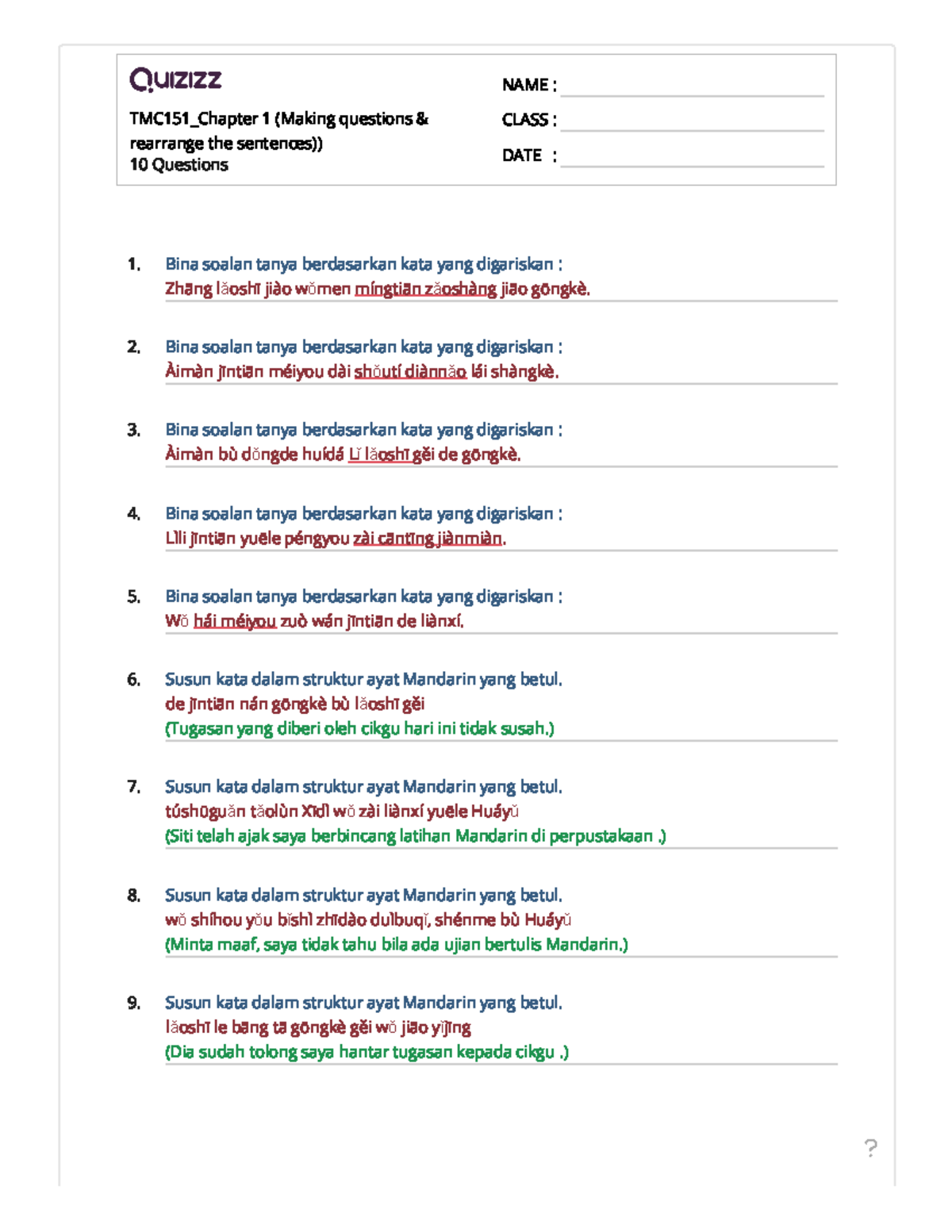 TMC151 Chapter 1 (Making questions & rearrange the sentences)) - Bina ...