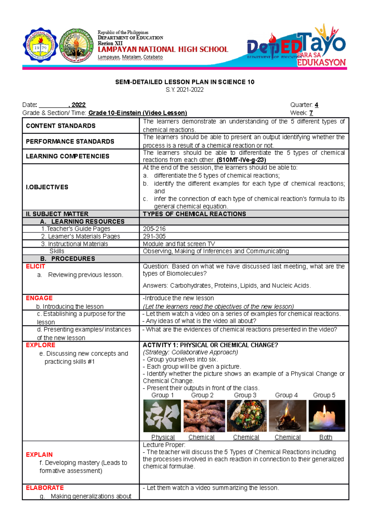 LP for IP - Semi-Detailed Lesson Plan on Chemical Reactions in Science ...