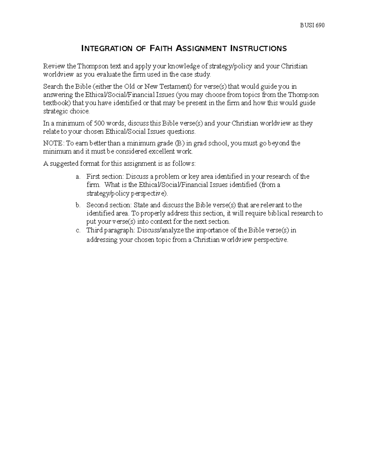 BUSI 690 Integration of Faith Assignment Guidelines and Instructions ...