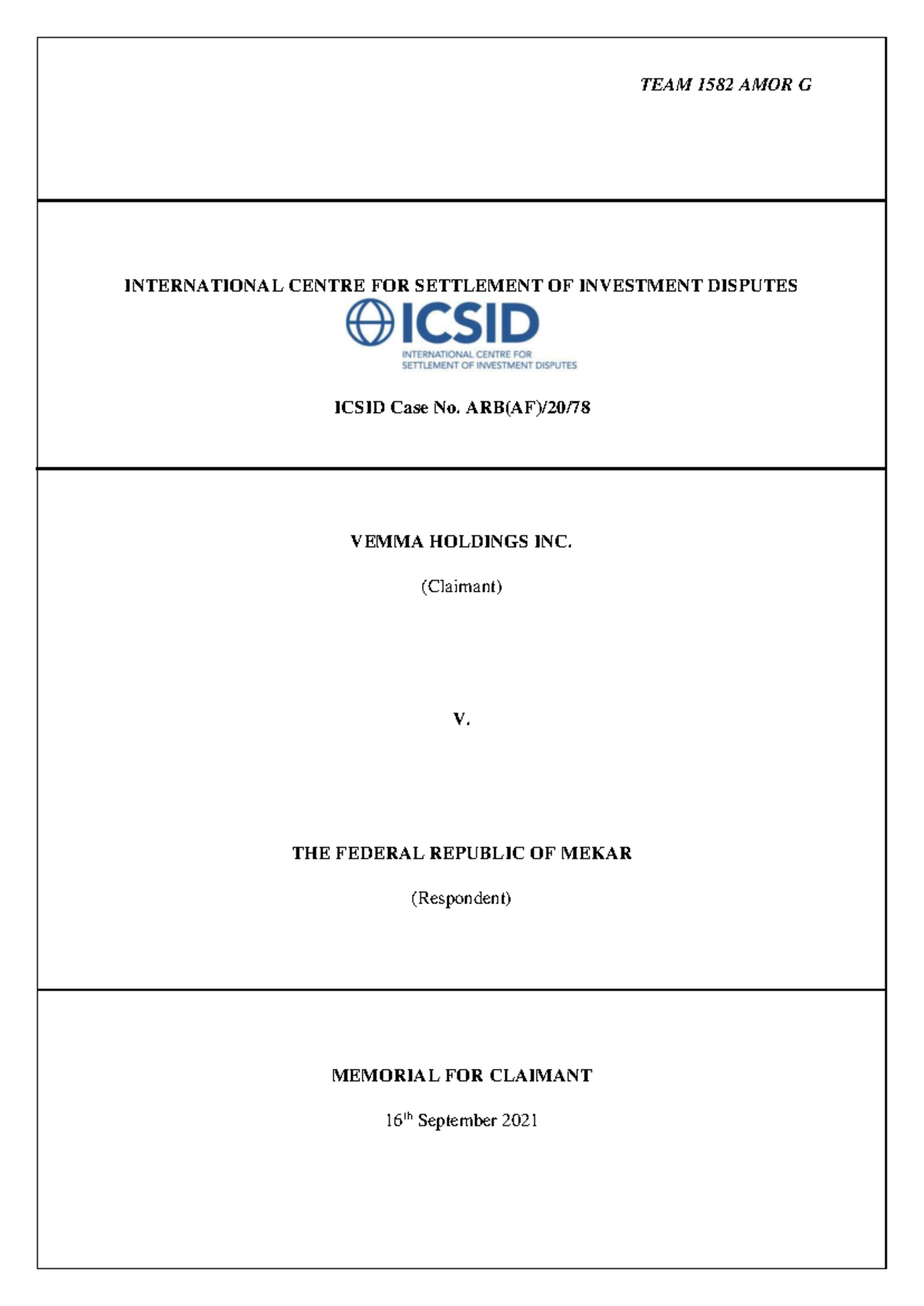 ICSID Case No. VEMMA HOLDINGS INC. v. MEKAR: Claimant's Memorial - Studocu