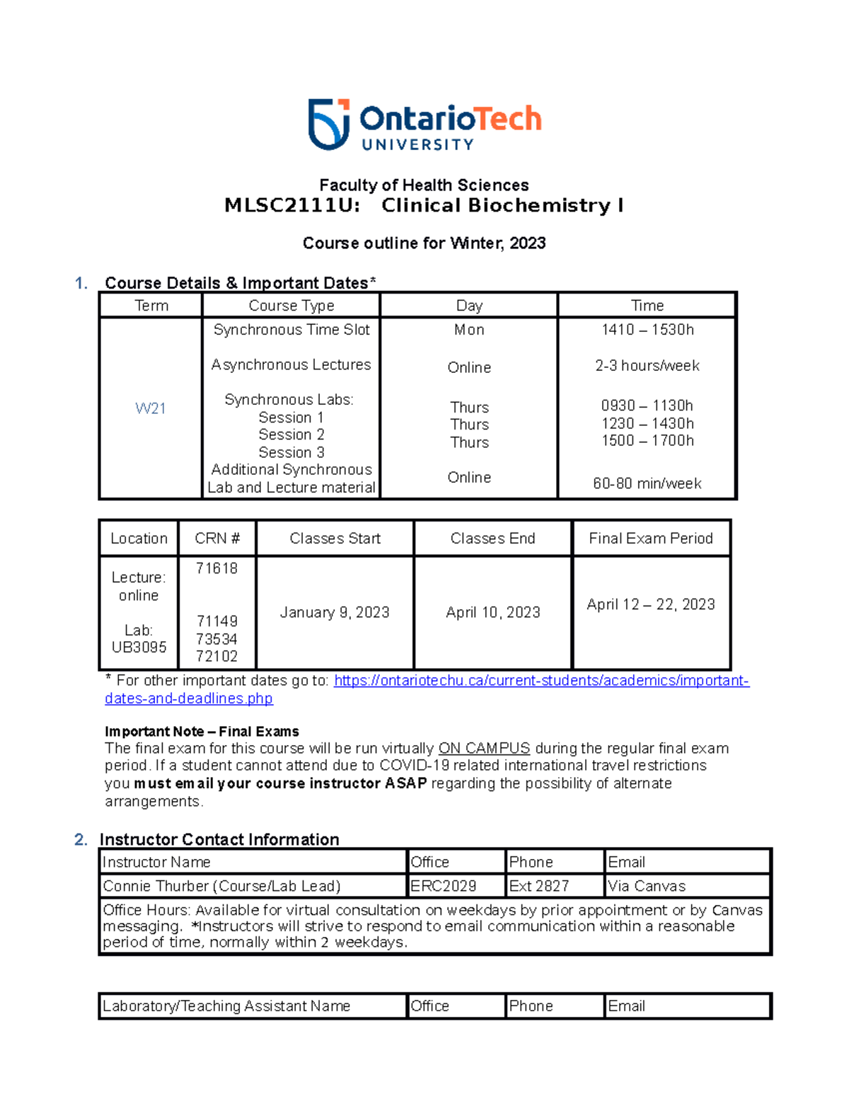 MLSC2111U Clinical Biochemistry I Course Outline for Winter 2023 - Studocu