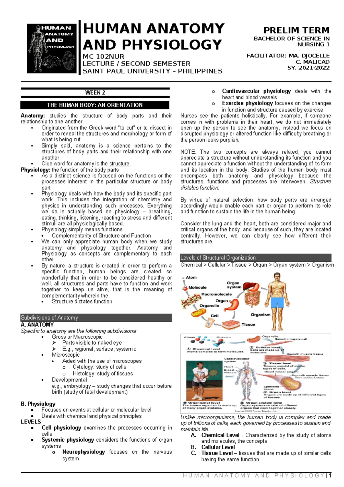 WEEK 2 Trans - dfgsfhd - HUMAN ANATOMY AND PHYSIOLOGY PRELIM TERM BACHELOR OF SCIENCE IN NURSING ...
