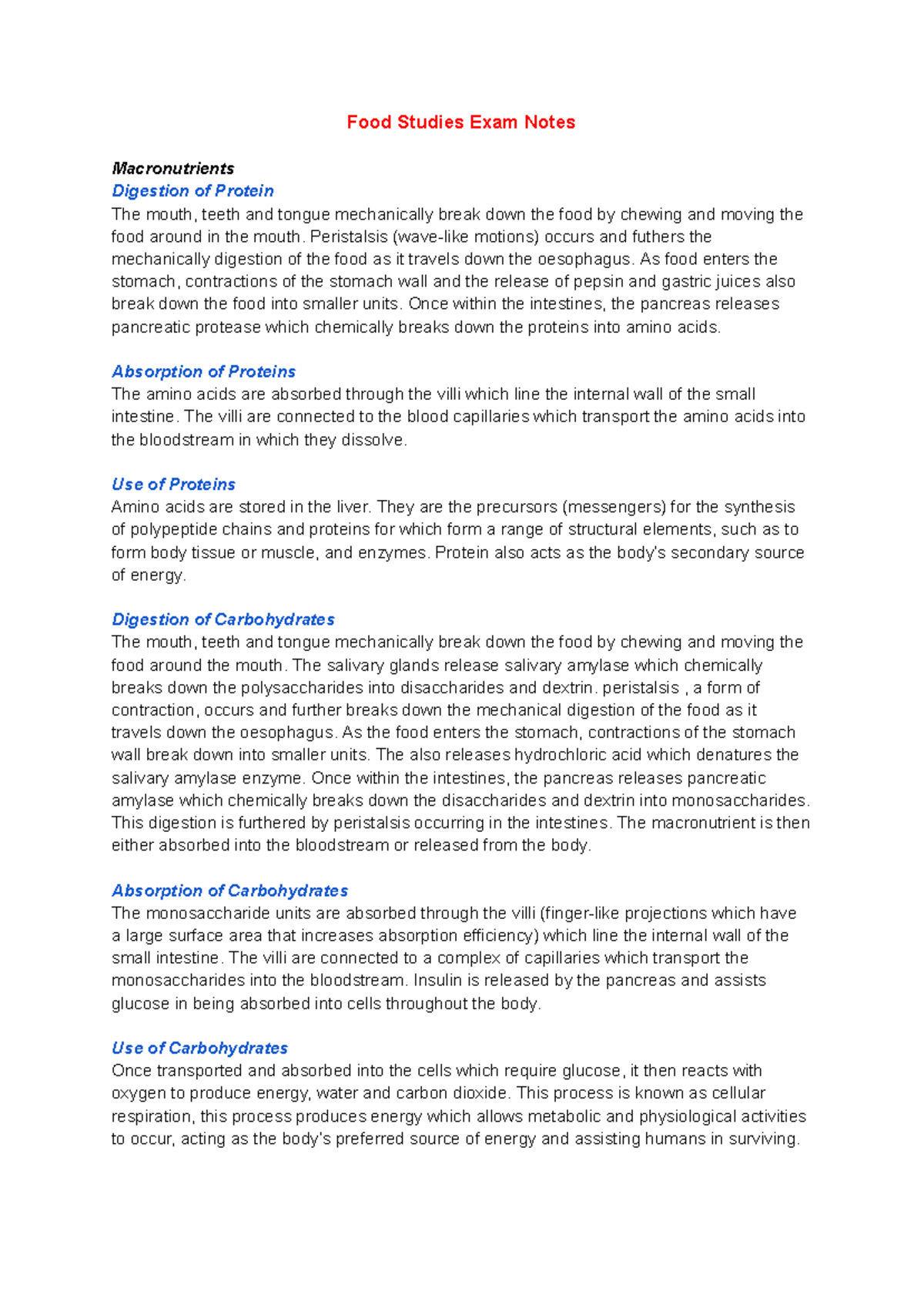 Food Studies Exam Notes: Macronutrients and Digestion Insights - Studocu
