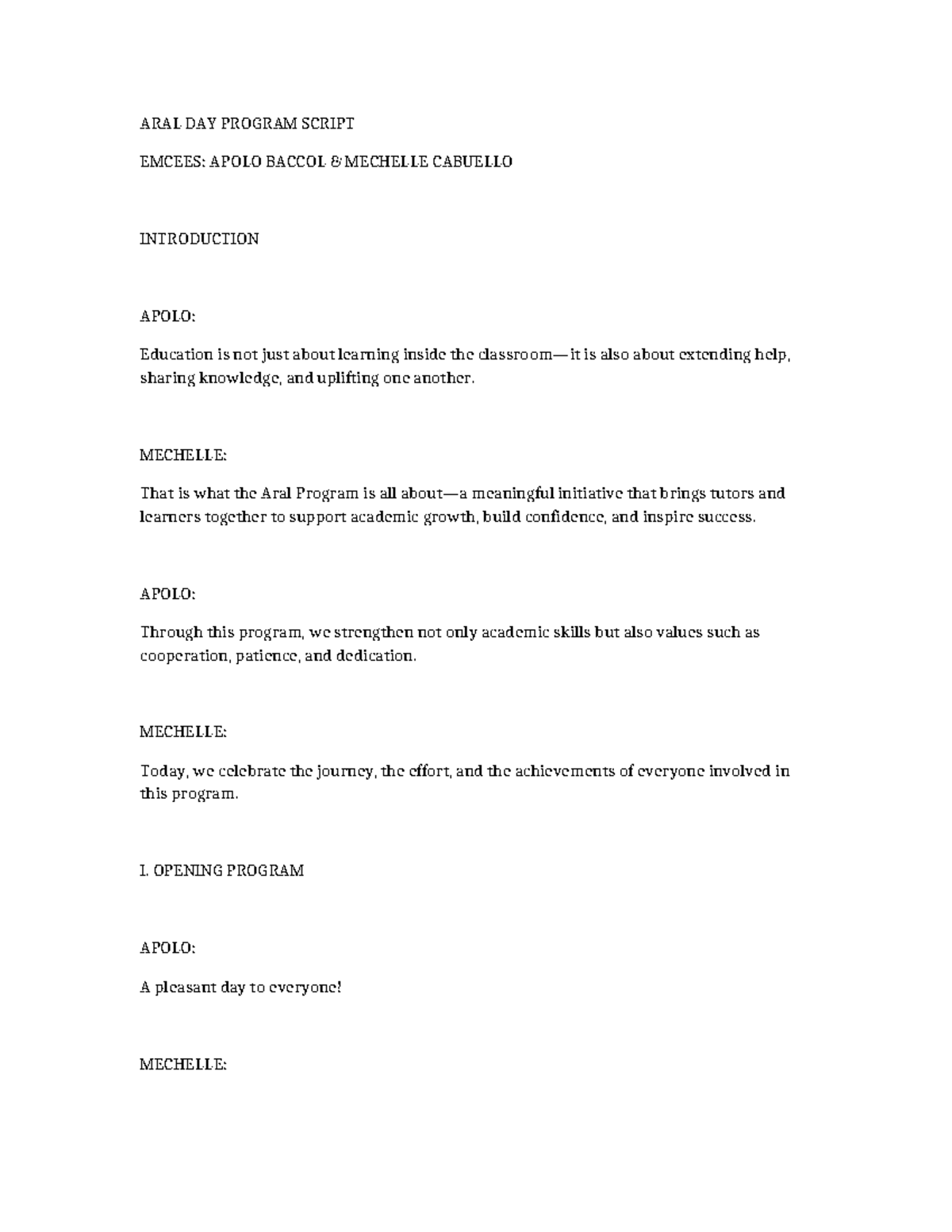ARAL DAY PROGRAM SCRIPT: CELEBRATING LEARNING & GROWTH - Studocu