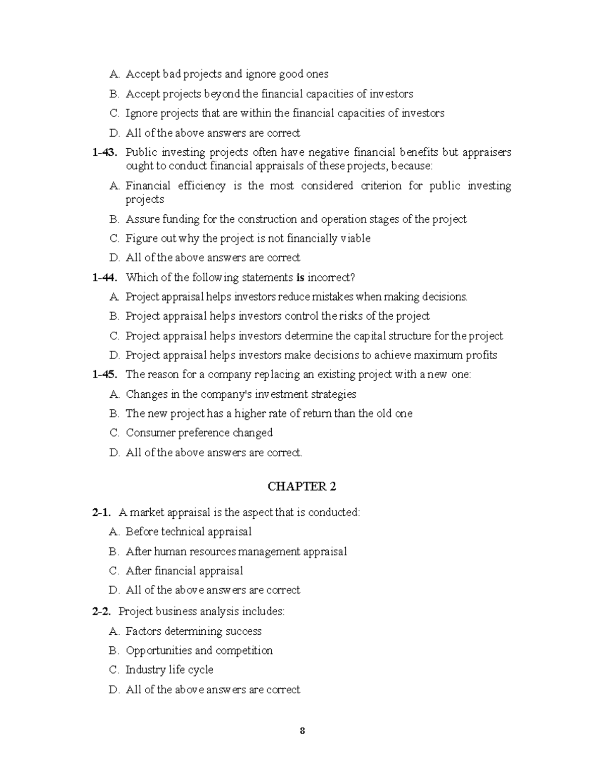 Project Appraisal Quiz - CH2: Key Concepts and Insights - Studocu