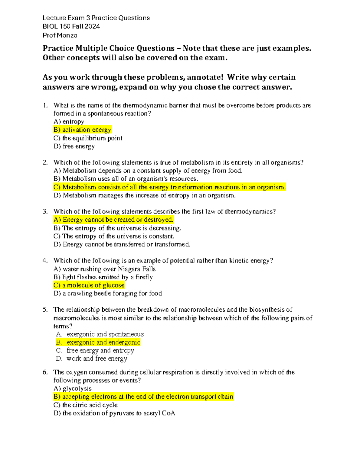 BIOL 150 Fall 2024 Exam 3 Practice Questions and Study Notes - Studocu