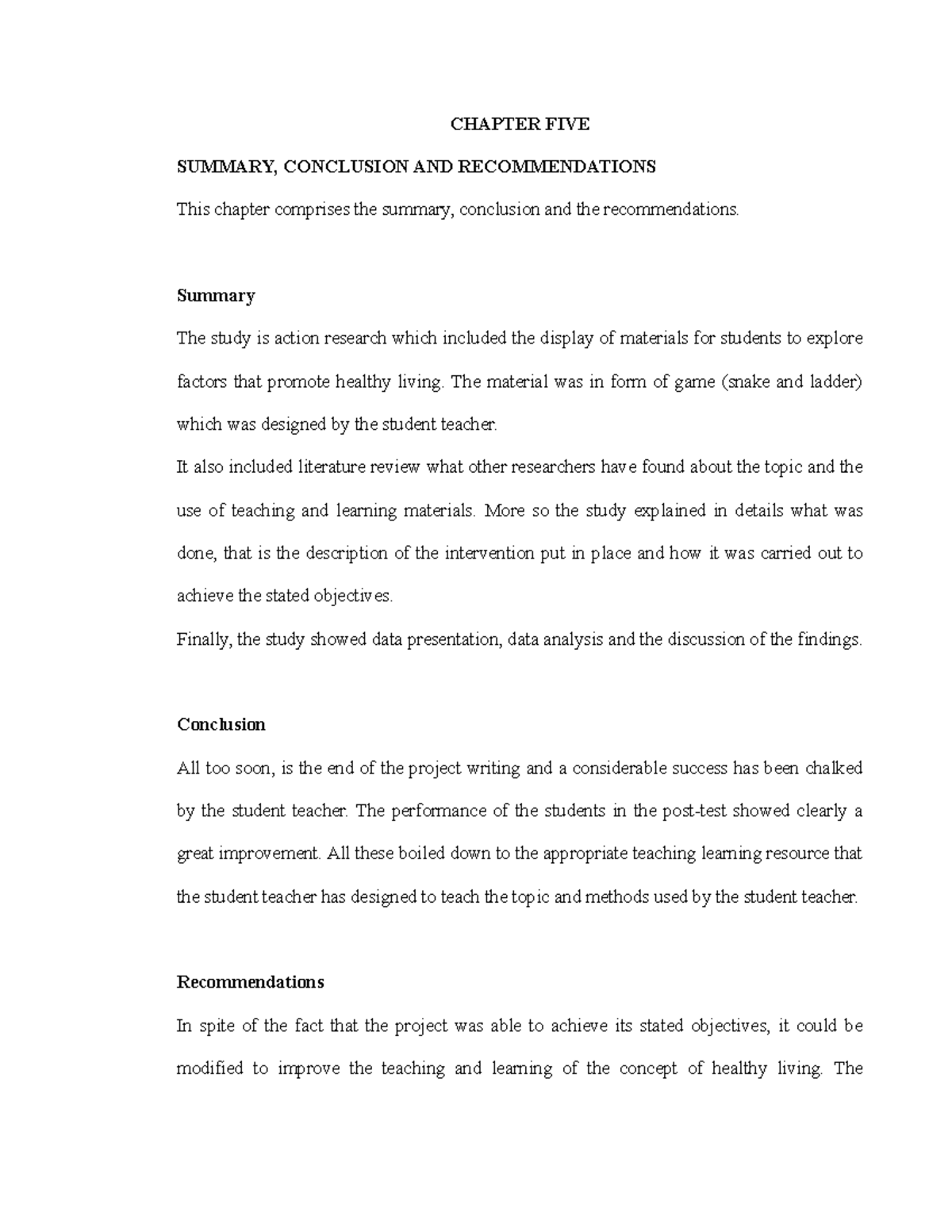 Chapter FIVE - Project - CHAPTER FIVE SUMMARY, CONCLUSION AND ...