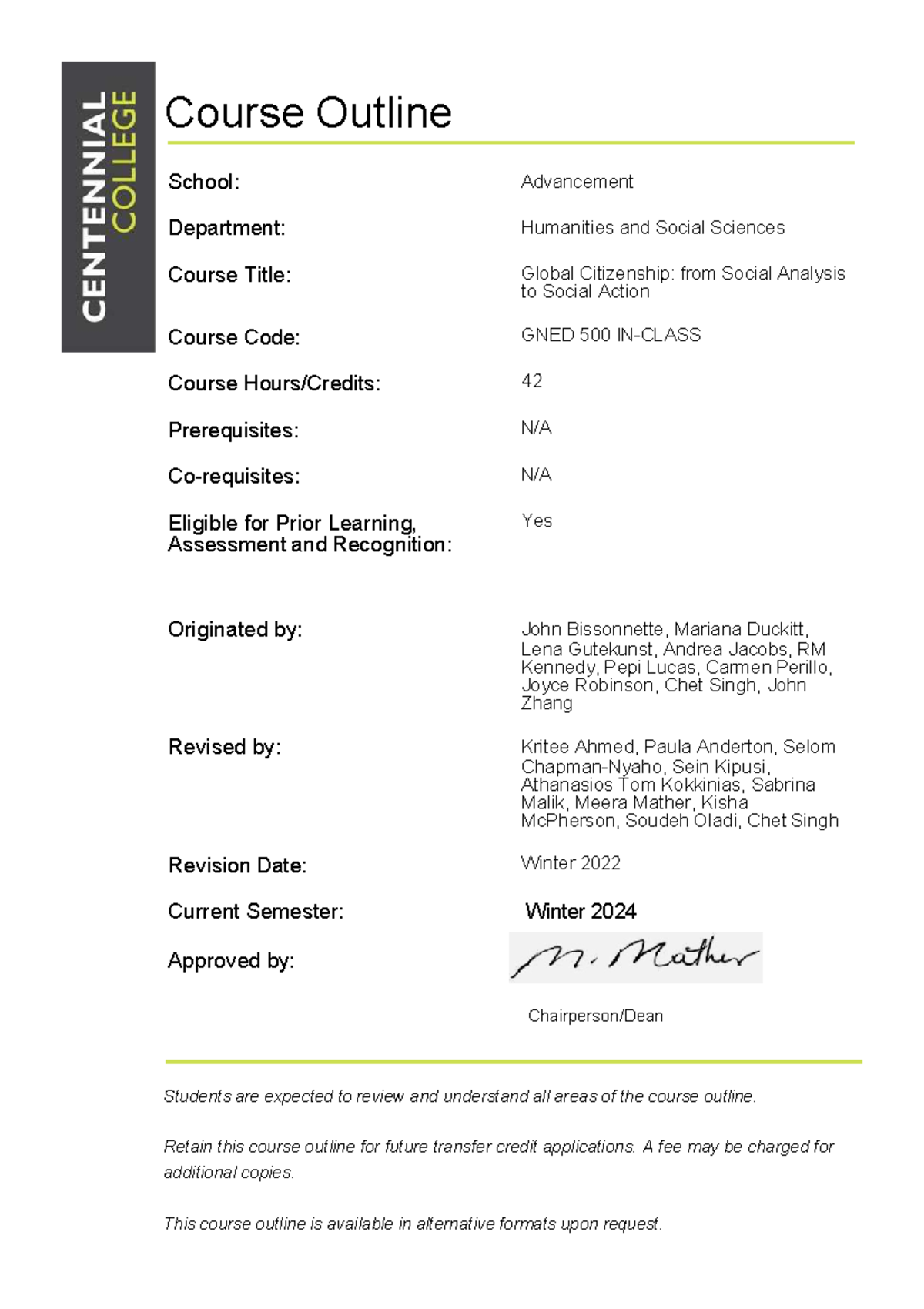 W2024 GNED 500 Global Citizenship Course Outline and Details - Studocu