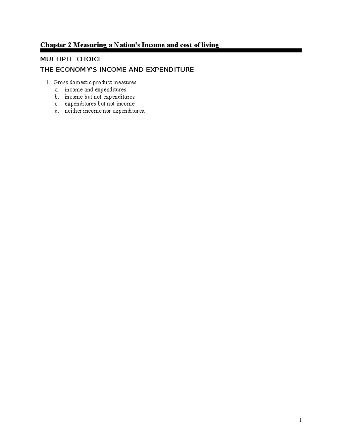Chapter 2: Measuring a Nation's Income & Cost of Living - MCQs - Studocu