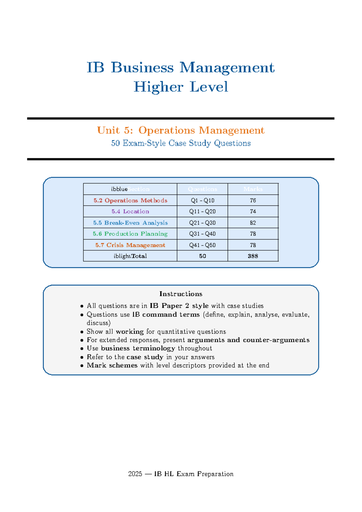 IB Business Management HL Unit 5: Operations Management - 50 Case Study ...