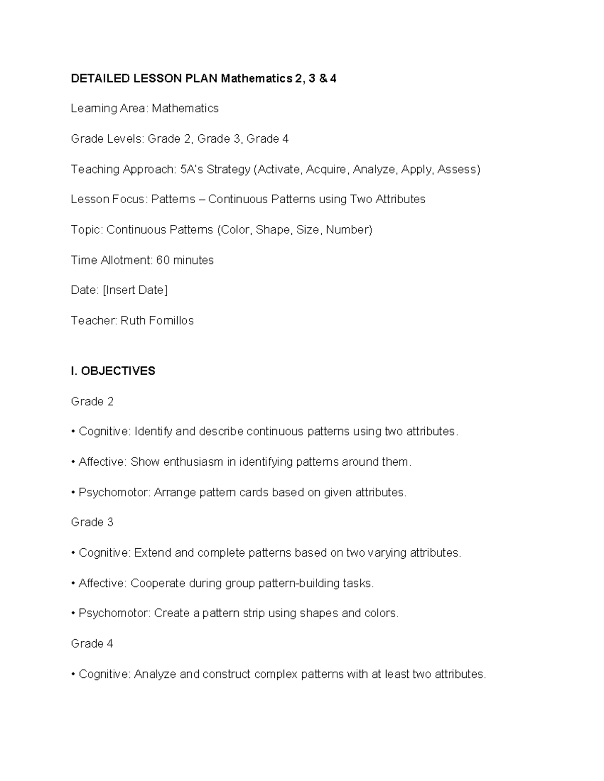 Multigrade Lesson Plan: Continuous Patterns in Math 2, 3, 4 - Studocu
