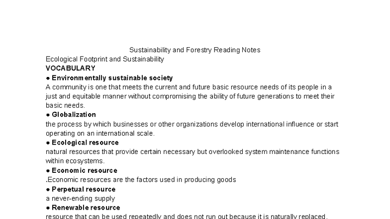 5-1 Notes: Sustainability & Forestry Vocabulary and Concepts - Studocu