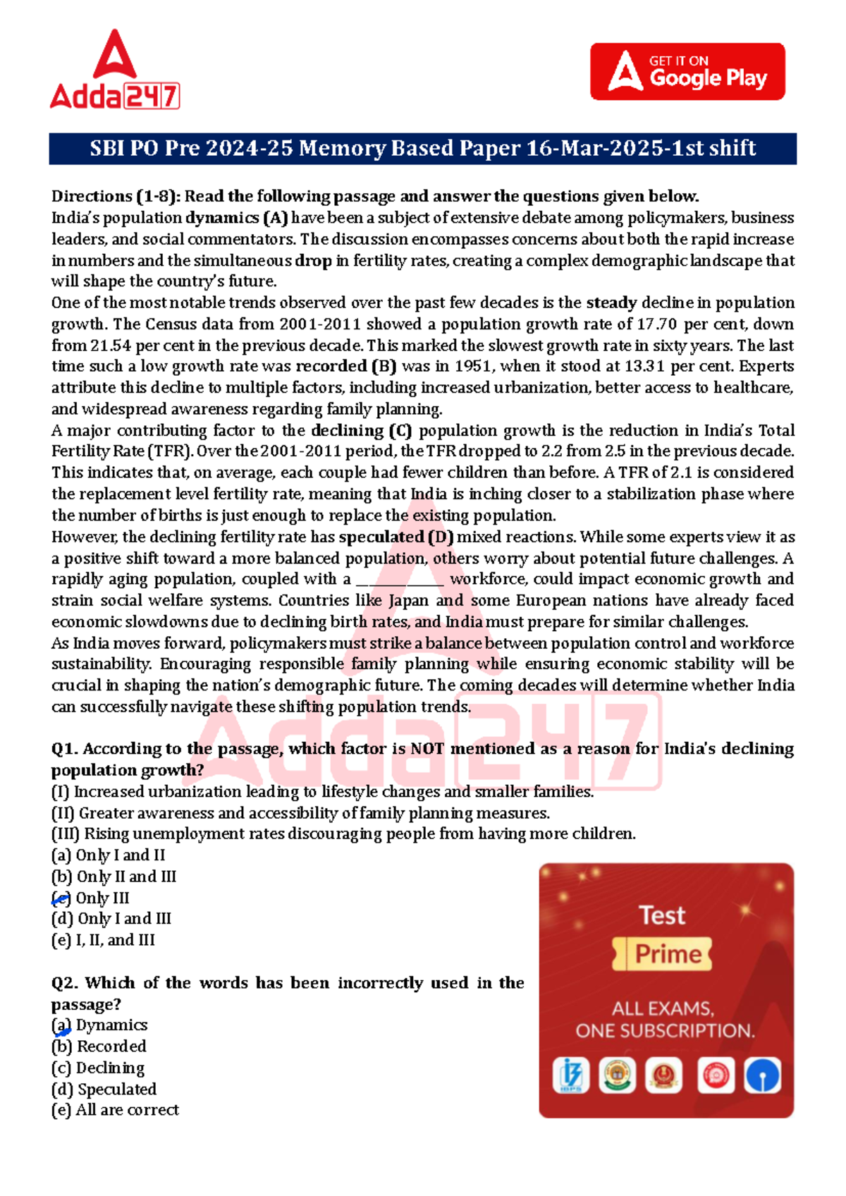 SBI PO Pre 2024-25 Memory Based Paper - 16 Mar 2025 (1st Shift) - Studocu