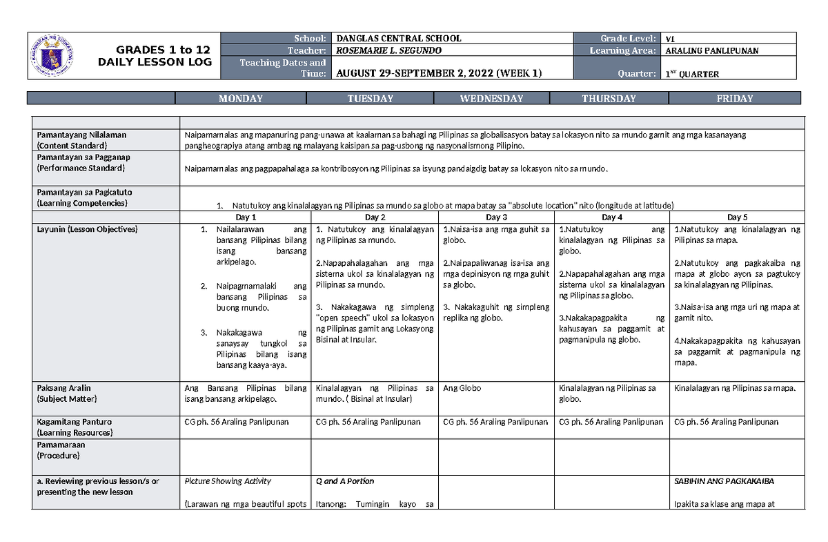 DLL Araling Panlipunan 6 Q1 W1 - GRADES 1 to 12 DAILY LESSON LOG School ...