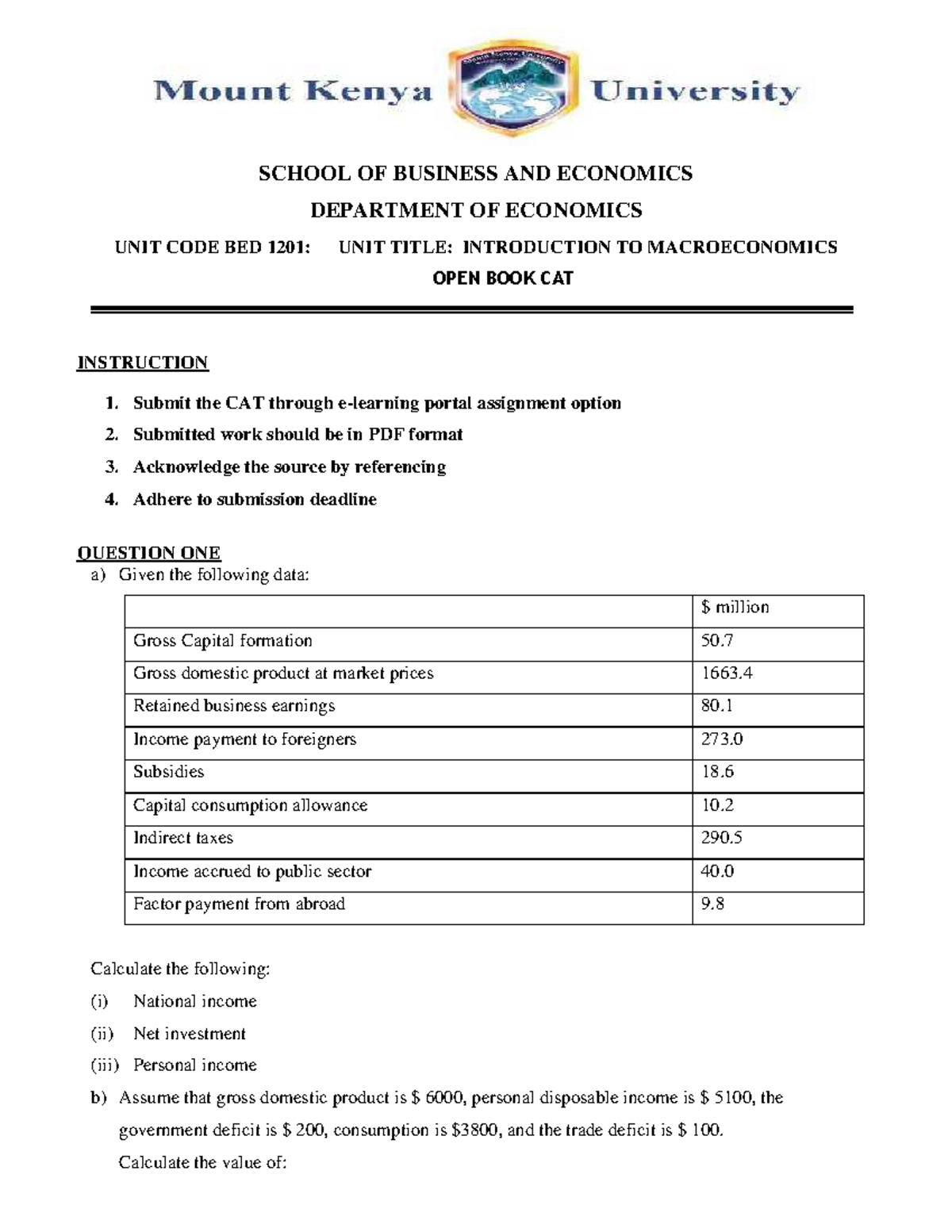 BED 1201 Introduction to Macroeconomics Open book CAT - SCHOOL OF ...