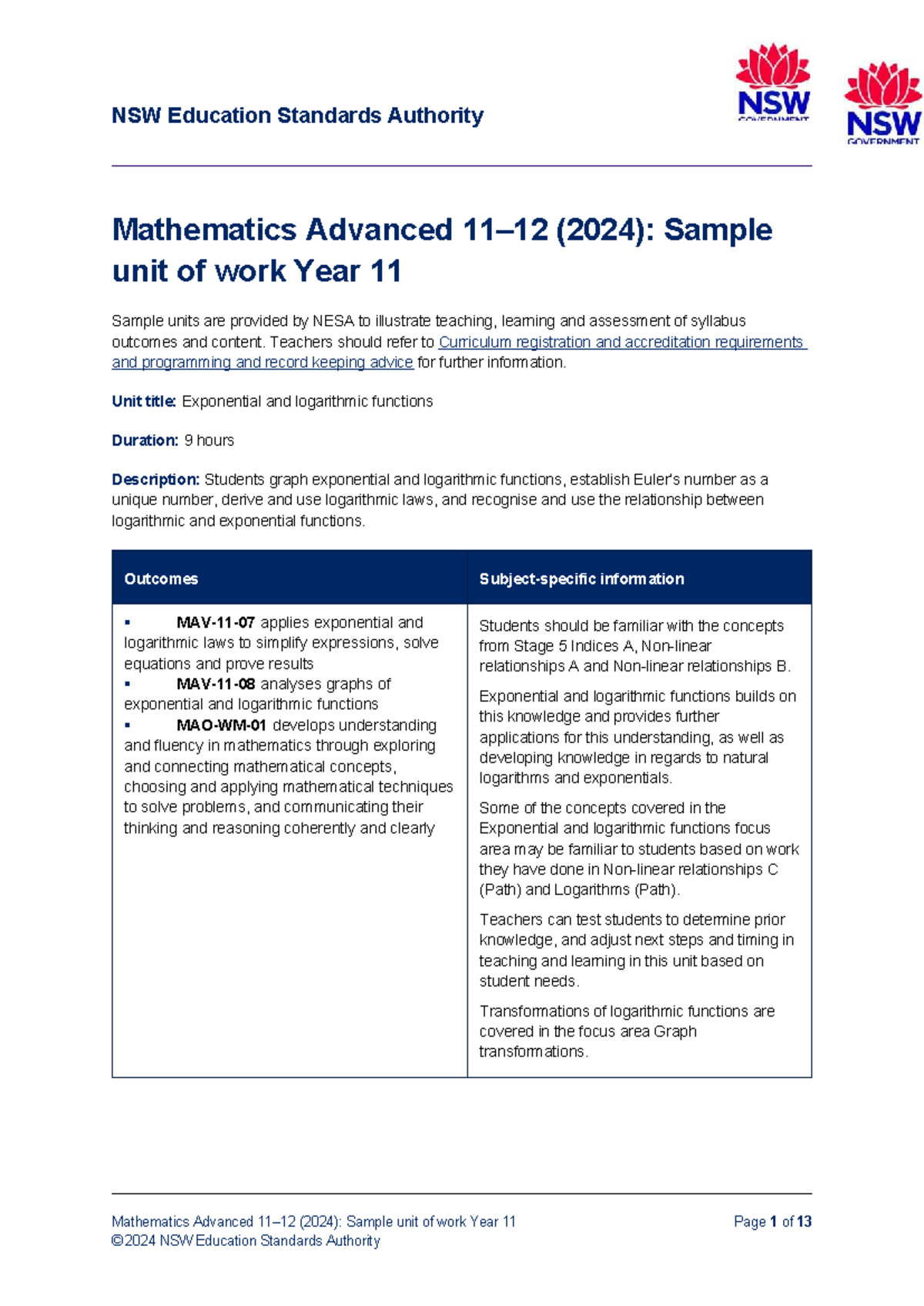 Mathematics Advanced (2024): Year 11 Sample Unit on Exponential ...