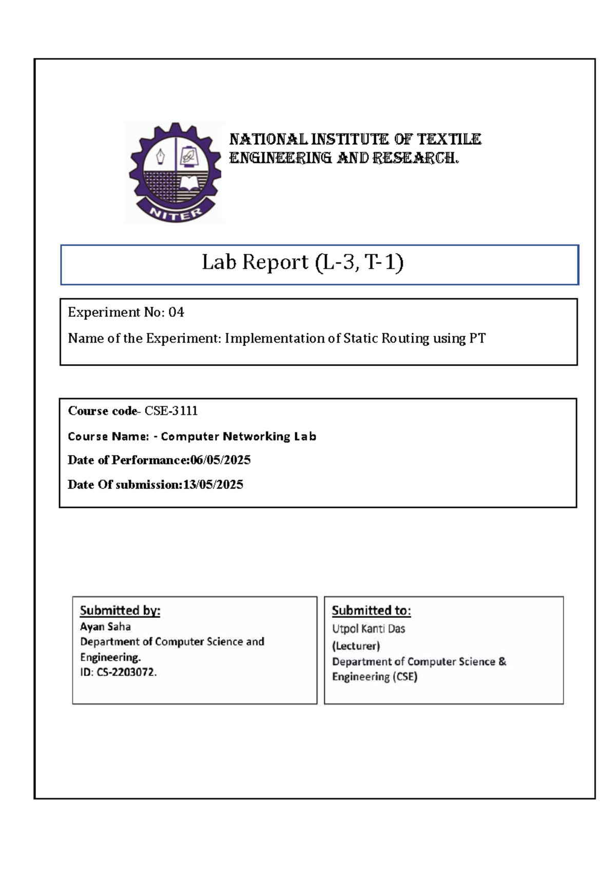 Networking Lab 04: Static Routing Implementation using PT (CSE) - Studocu