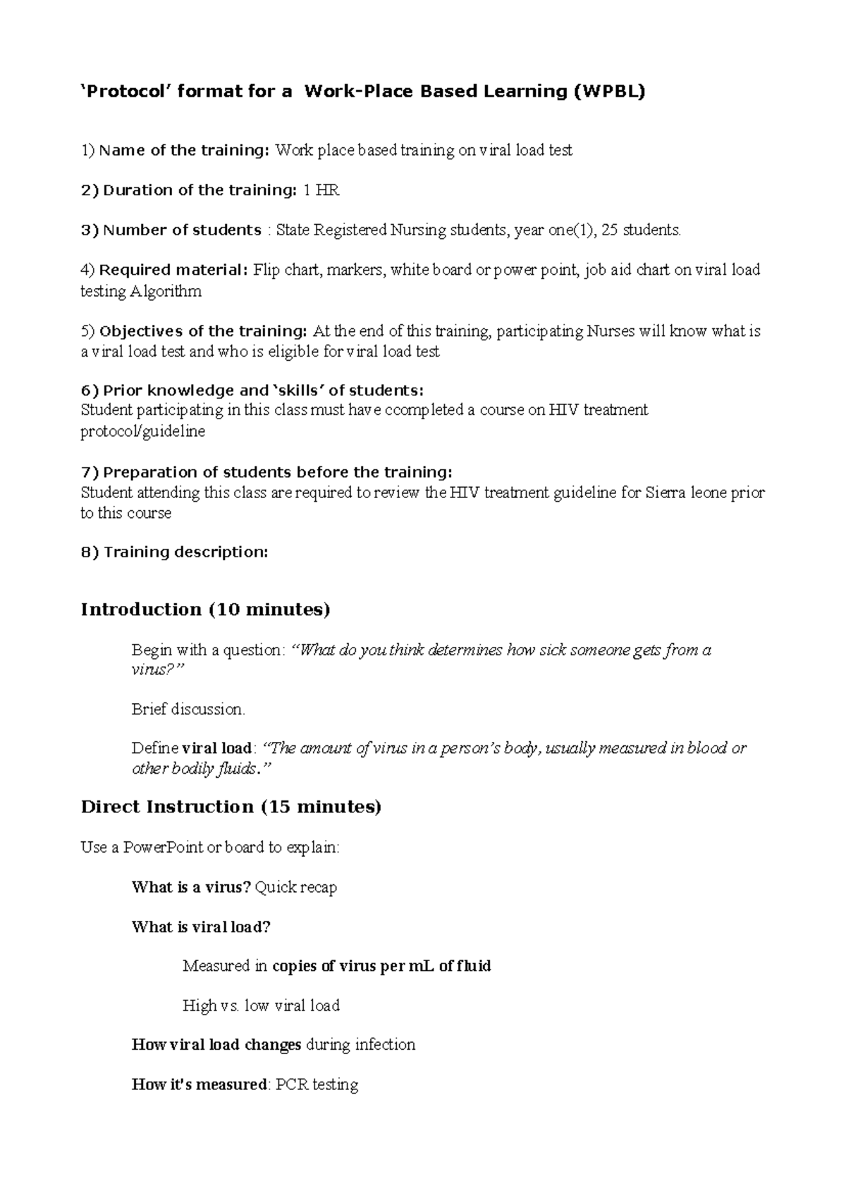 WPBL Lesson Plan: Viral Load Testing for Nursing Students - Studocu