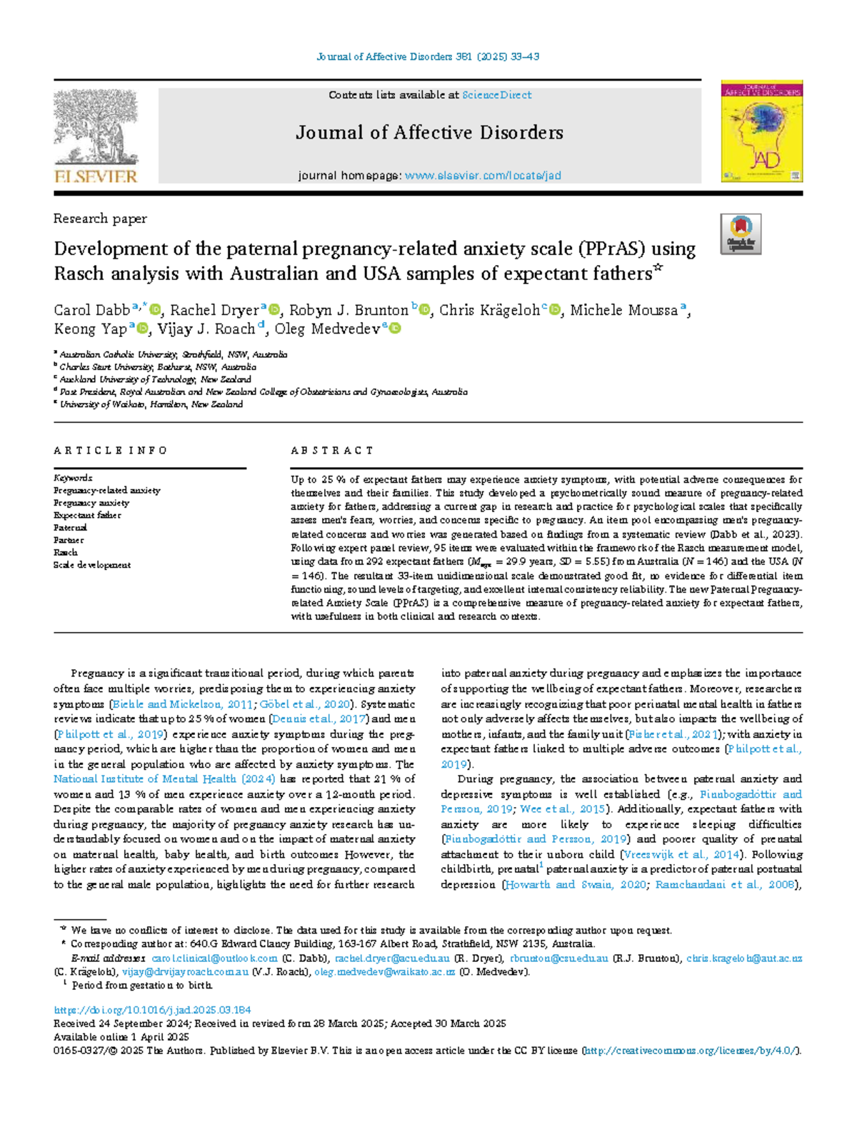 Development of the Paternal Anxiety Scale (PPrAS) for Expectant Fathers ...