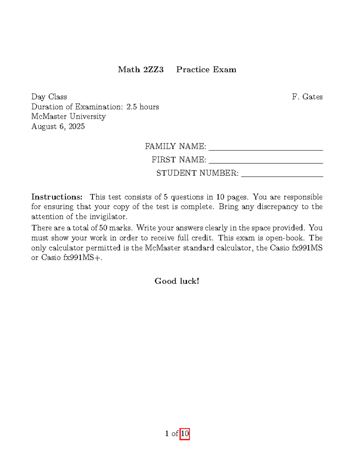 Math 2ZZ3 Practice Exam - August 6, 2025 - Complete Solutions Required ...