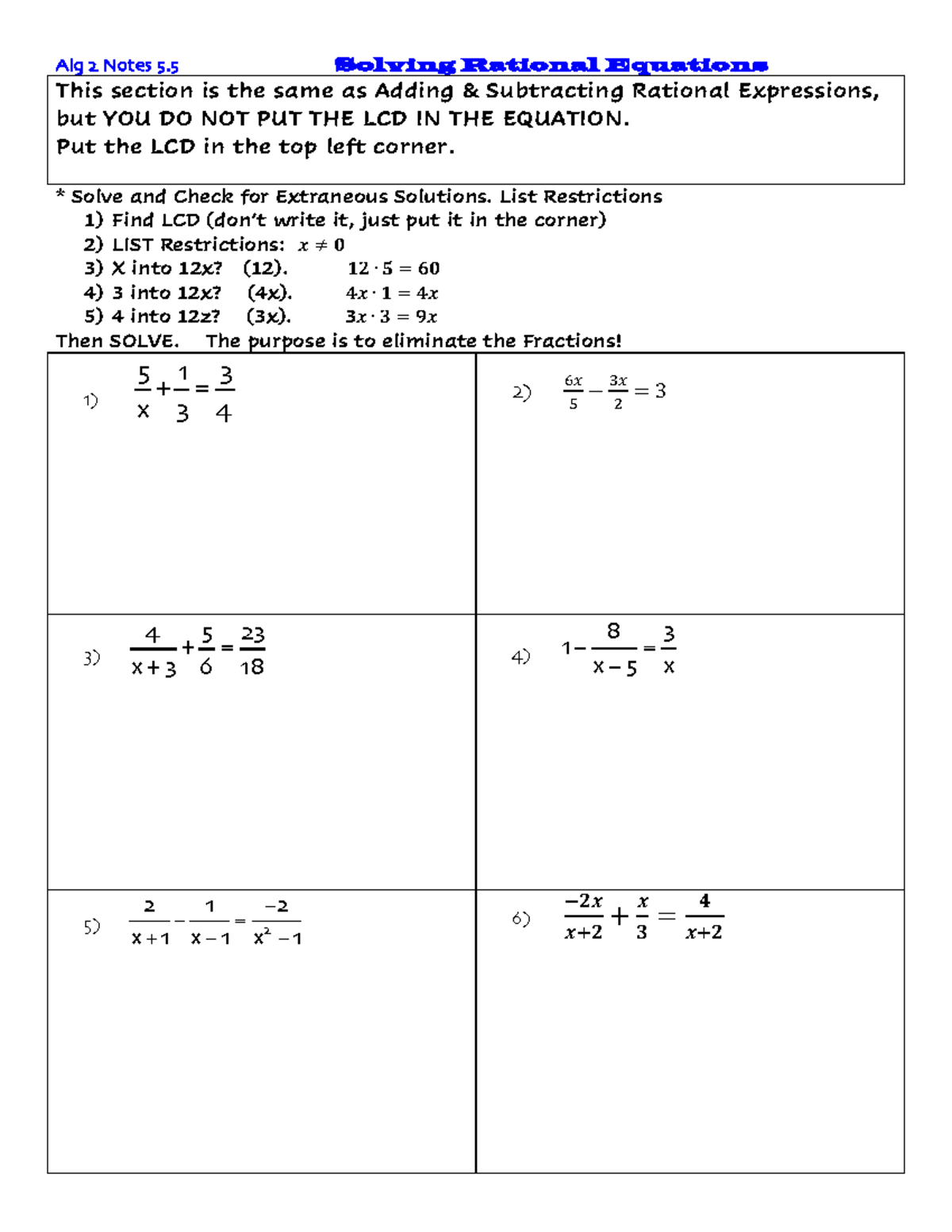 Alg 2 Notes 5.5 - Solving Rational Equations & Restrictions - Studocu