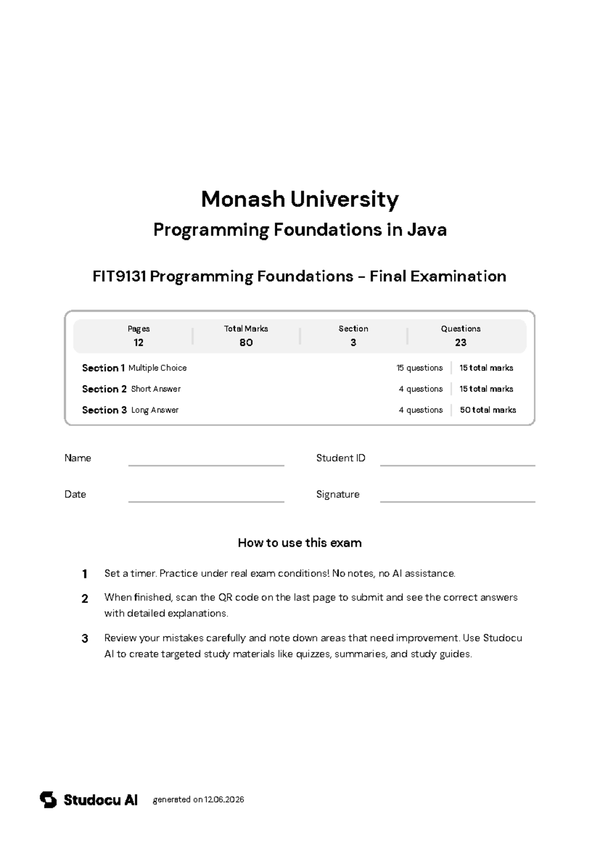 FIT9131 Programming Foundations - Final Examination - Studocu