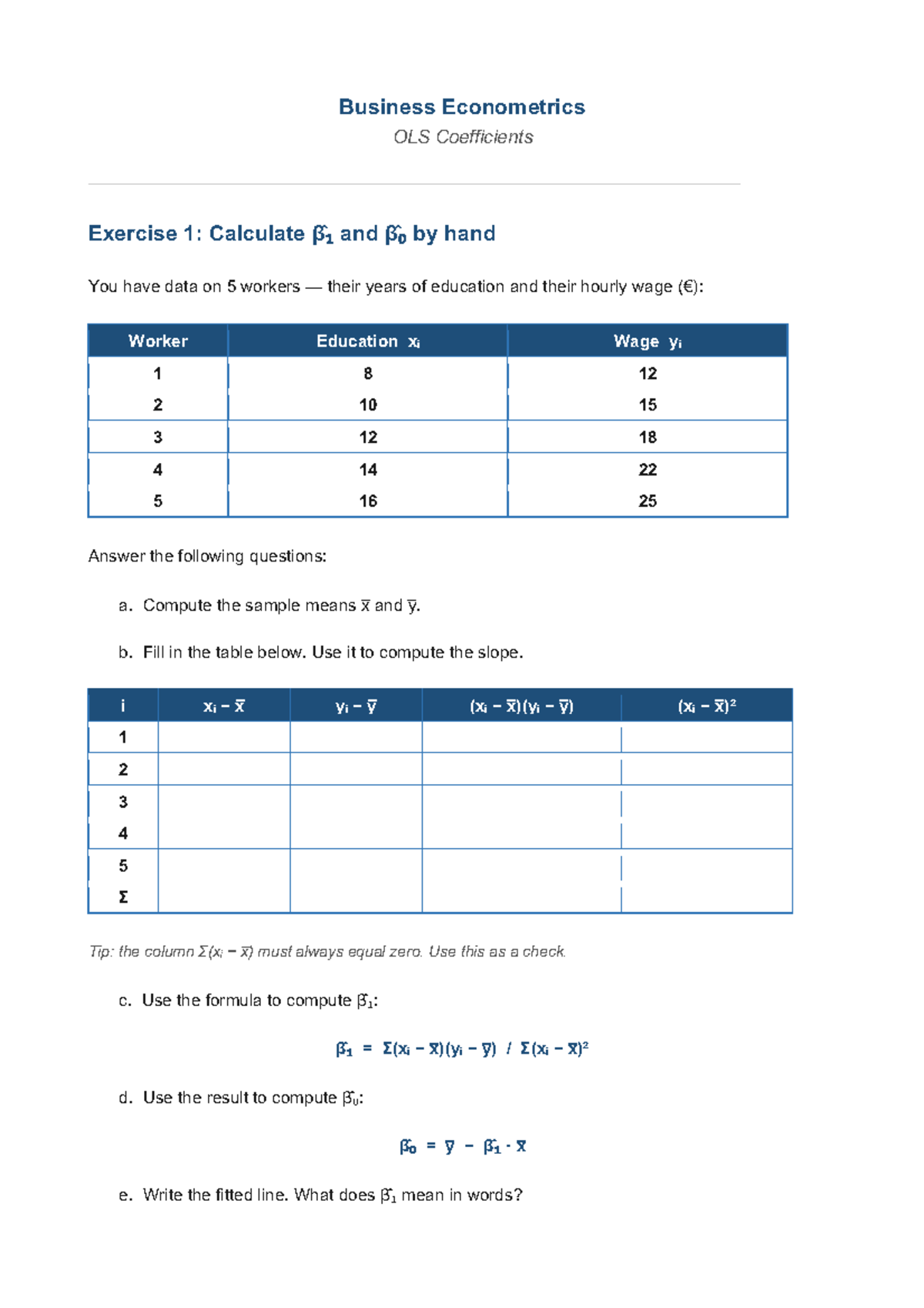 Business Econometrics OLS Coefficients Exercises and Analysis - Studocu