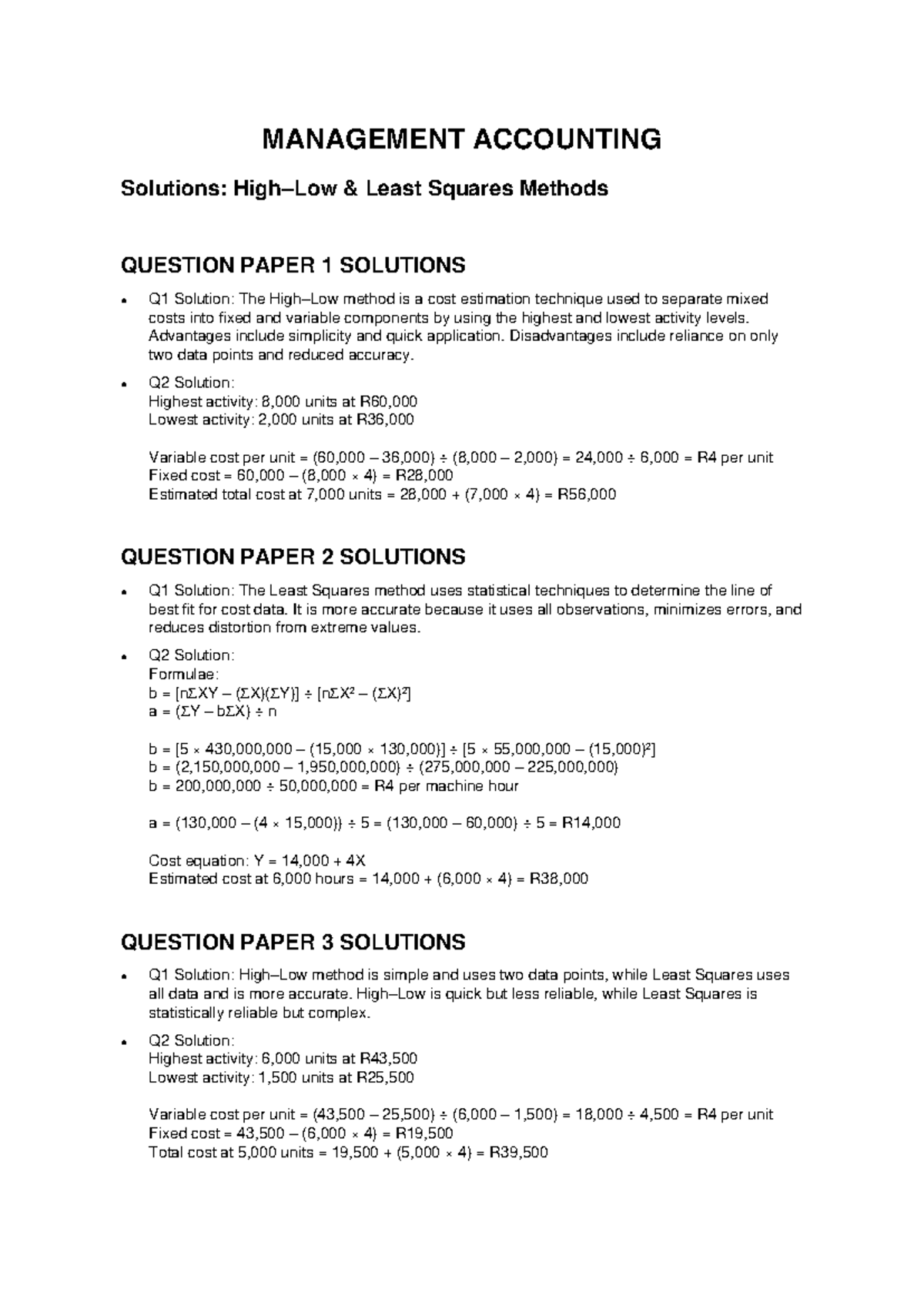 MANAGEMENT ACCOUNTING (MA101) High-Low & Least Squares Solutions - Studocu