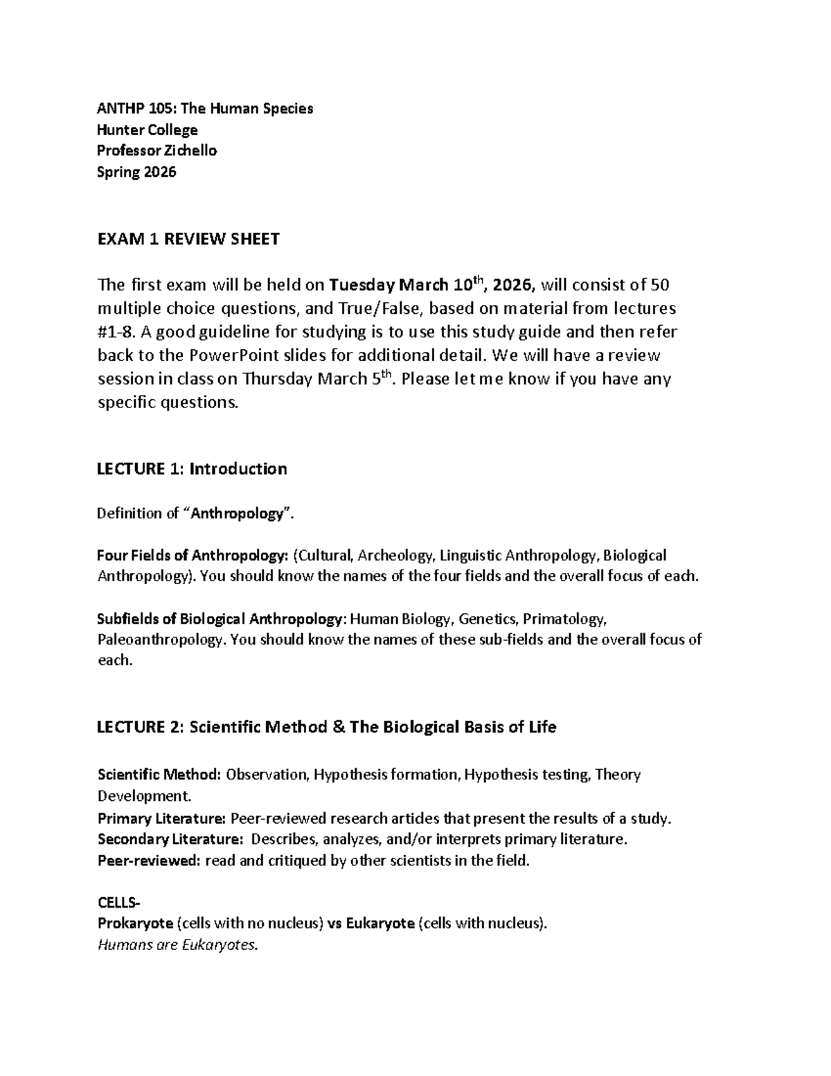 ANTHP 105: Exam 1 Review Sheet for Spring 2026 - Studocu